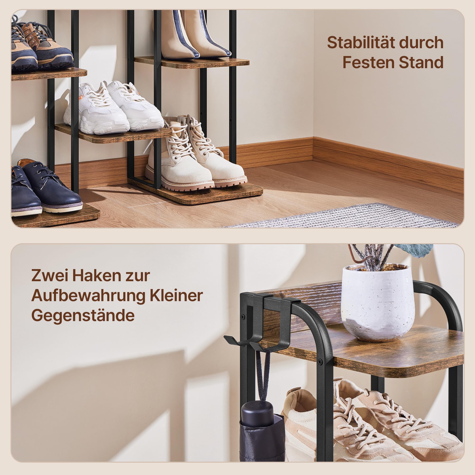 Yaheetech Schmales Schuhregal Schuhablage mit 10 Ebenen | Platzsparender Schuhschrank Holz im Vintage-Sti mit Haken für Flur/Ecke/Eingangsbereichl