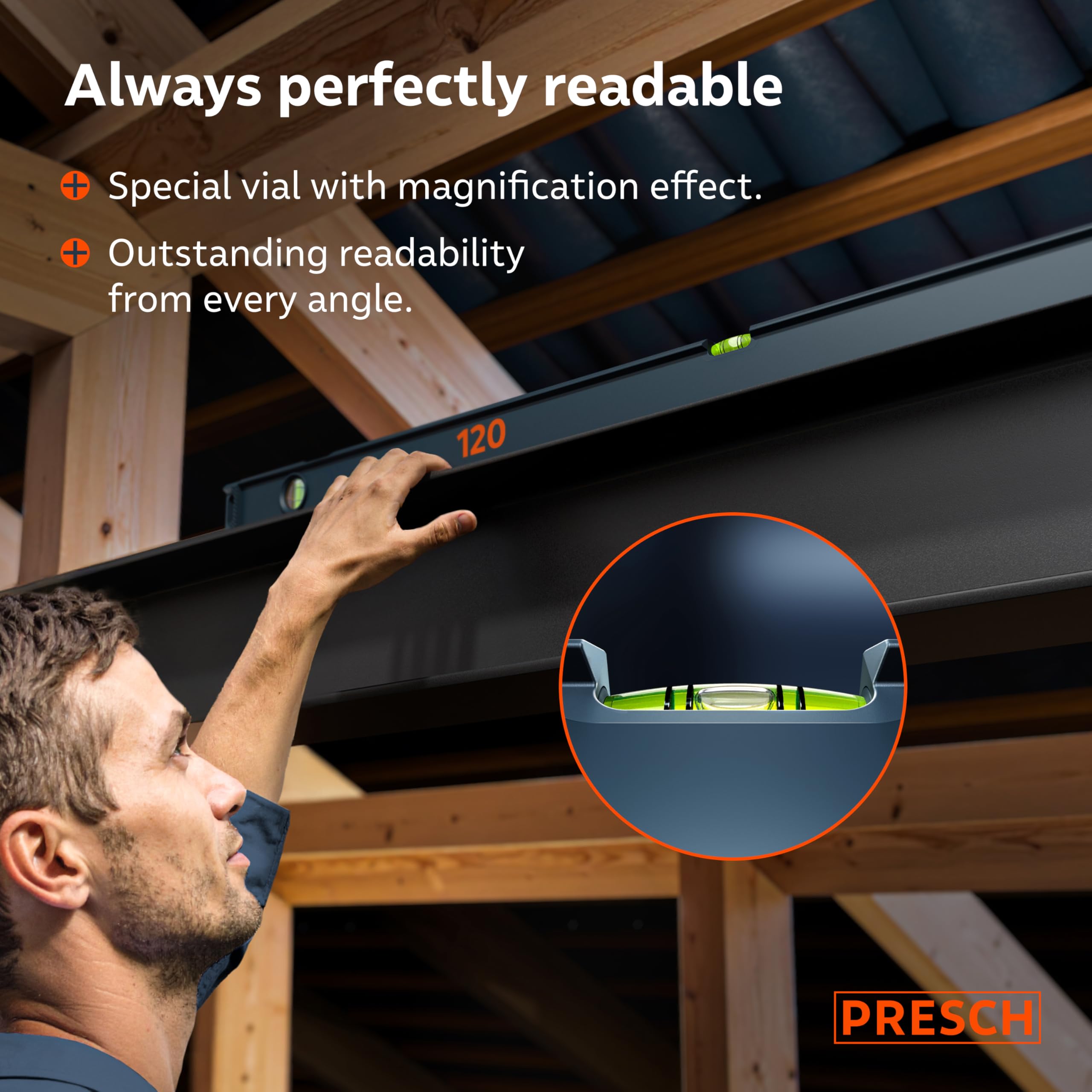 Presch Magnetic Spirit Level 120cm, Shatterproof Vial with Gradient Markings, Vertical Viewing Window - Image 3