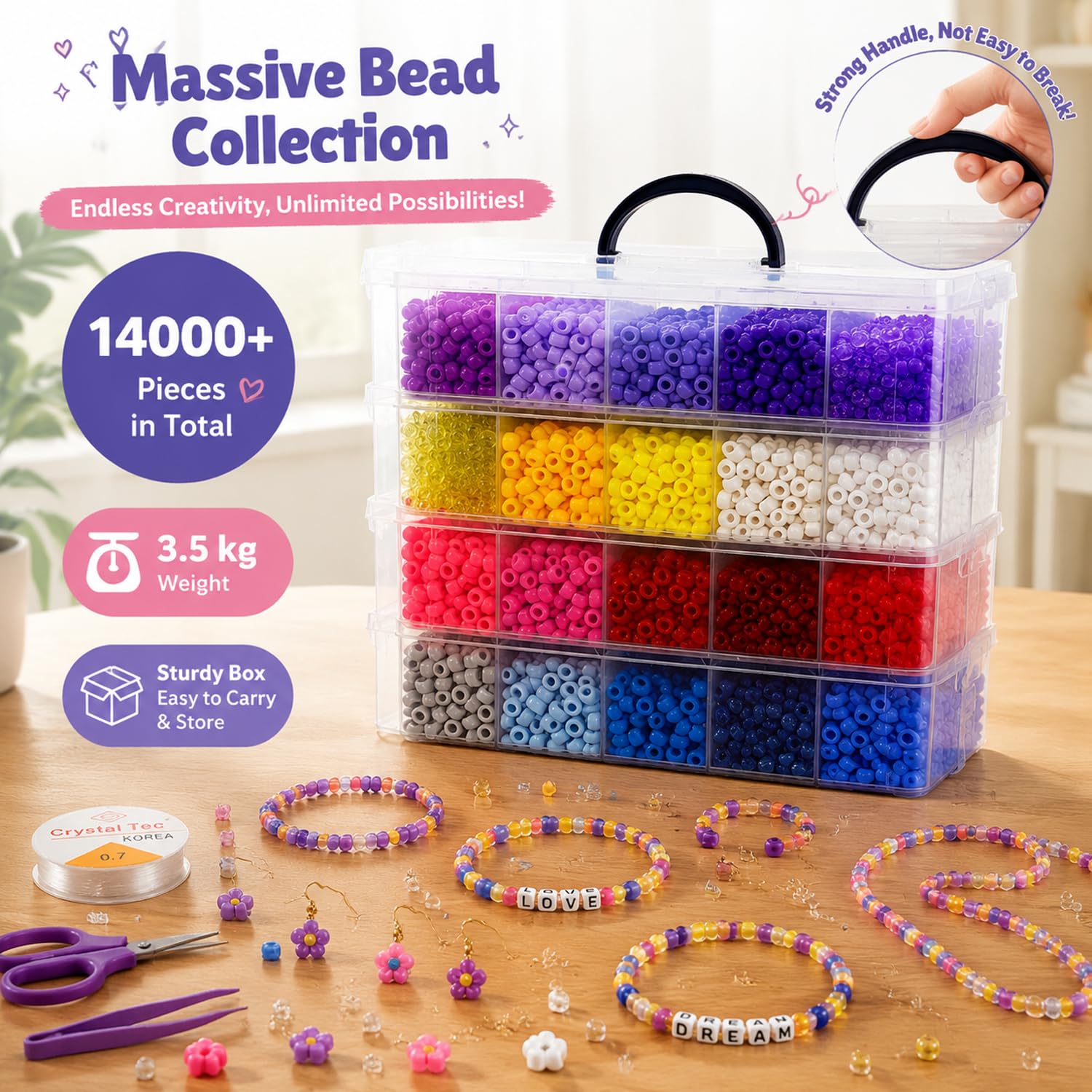 13300 perline pony, 3,5 kg, perline Kandi saturazione per la creazione di bracciali, perline per capelli per trecce, kit di braccialetti dell'amicizia in 40 colori, per regali artigianali, ricchi