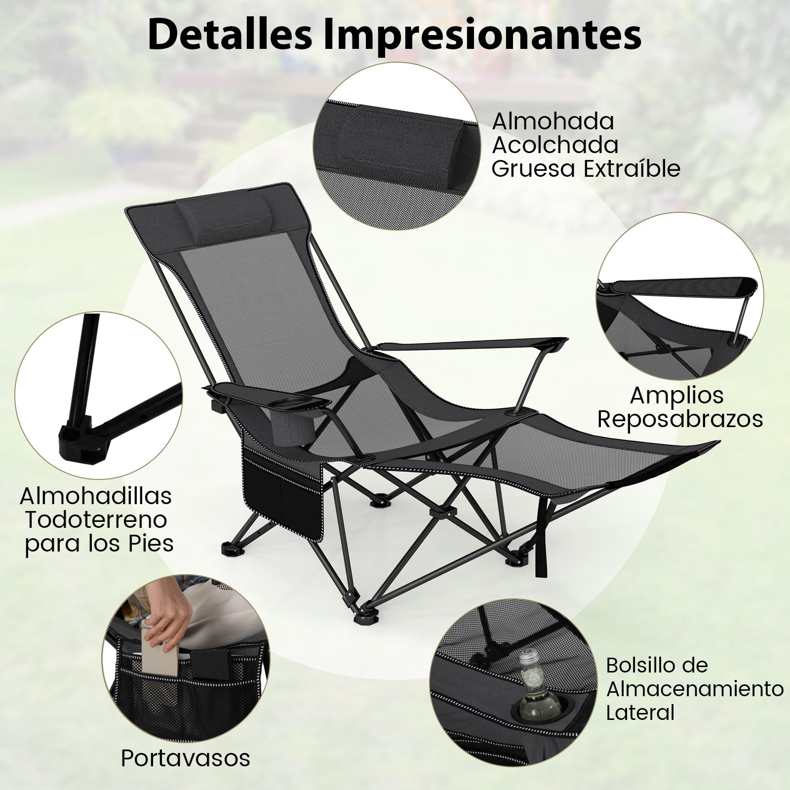 COSTWAY Silla Plegable Camping con Reposapiés Extraíble, Tumbona Reclinable con Respaldo Ajustable de 4 Niveles, Reposacabezas, Portavasos, Bolsa de Transporte, Jardin Playa Piscina (Gris)