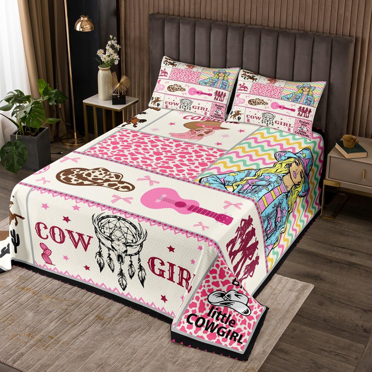 Castle Fairy Cowgirl Bedspread Twin Size,Dreamcatcher Comforter Set for Kids Teens Bedroom Decor,Cowboy Rustic Retro Farmhouse Soft Bedding Set 2Pcs,1 Pillowcase