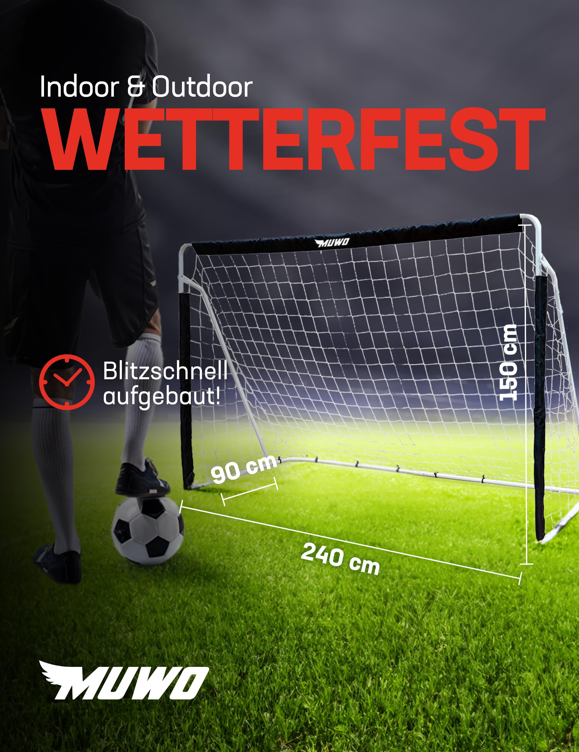 MUWO Portería de fútbol de acero con revestimiento textil, 240 x 150 cm, resistente a la intemperie y al aire libre, para patio y jardín, para entrenar y jugar amistosos