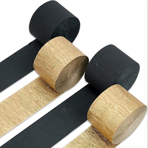 PartyWoo Serpentinas de papel crepé, 4 rollos de 328 pies, paquete de papel crepé negro y dorado para decoraciones de fiestas, decoraciones de boda,