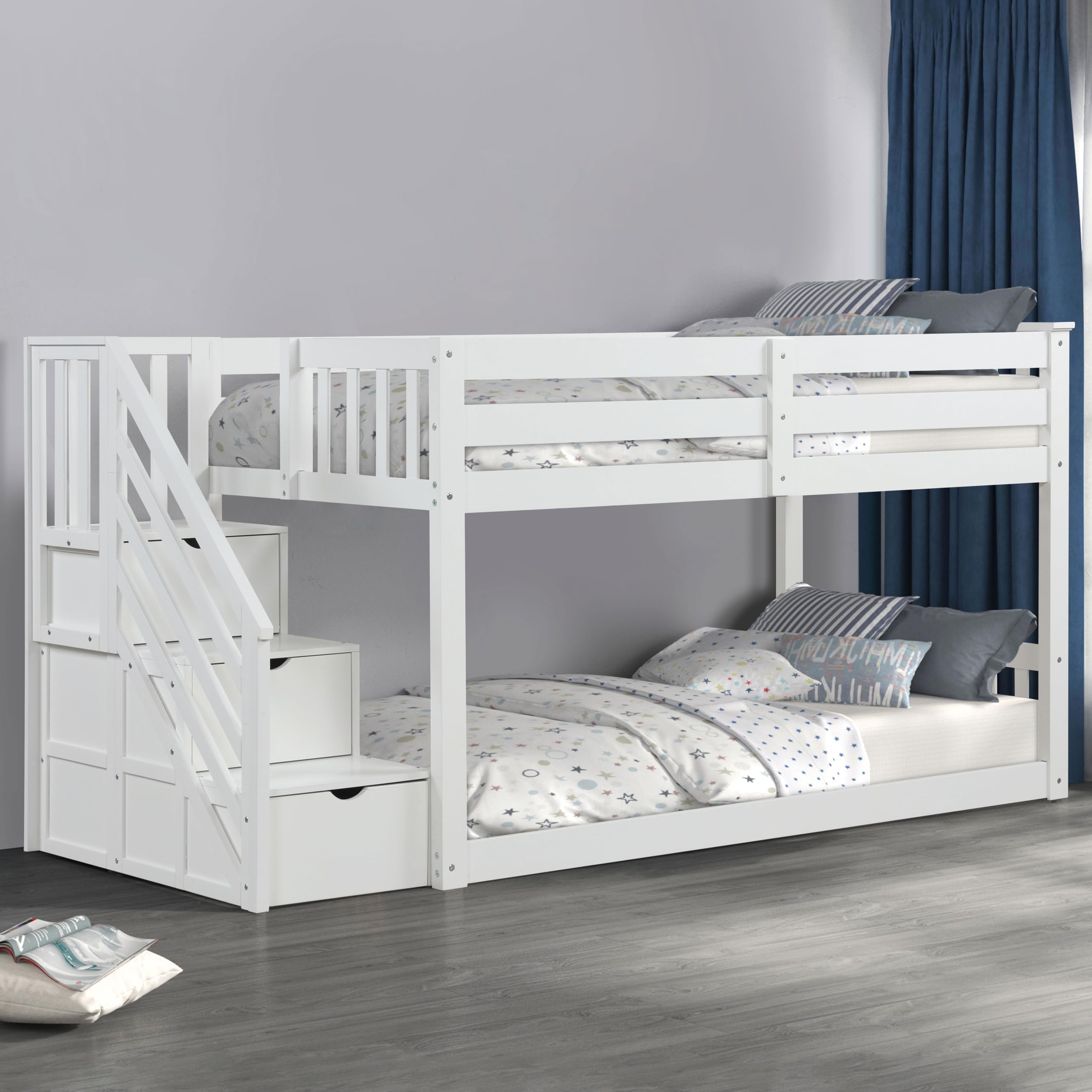 Furniture of America Sabrina Modern Wood Twin Low Bunk Bed with 3-Drawer Reverisble Storage Stairs and Full-Length Guardrails for Kids, Bedroom, Dorm and Small Spaces, No Box Spring Required, White