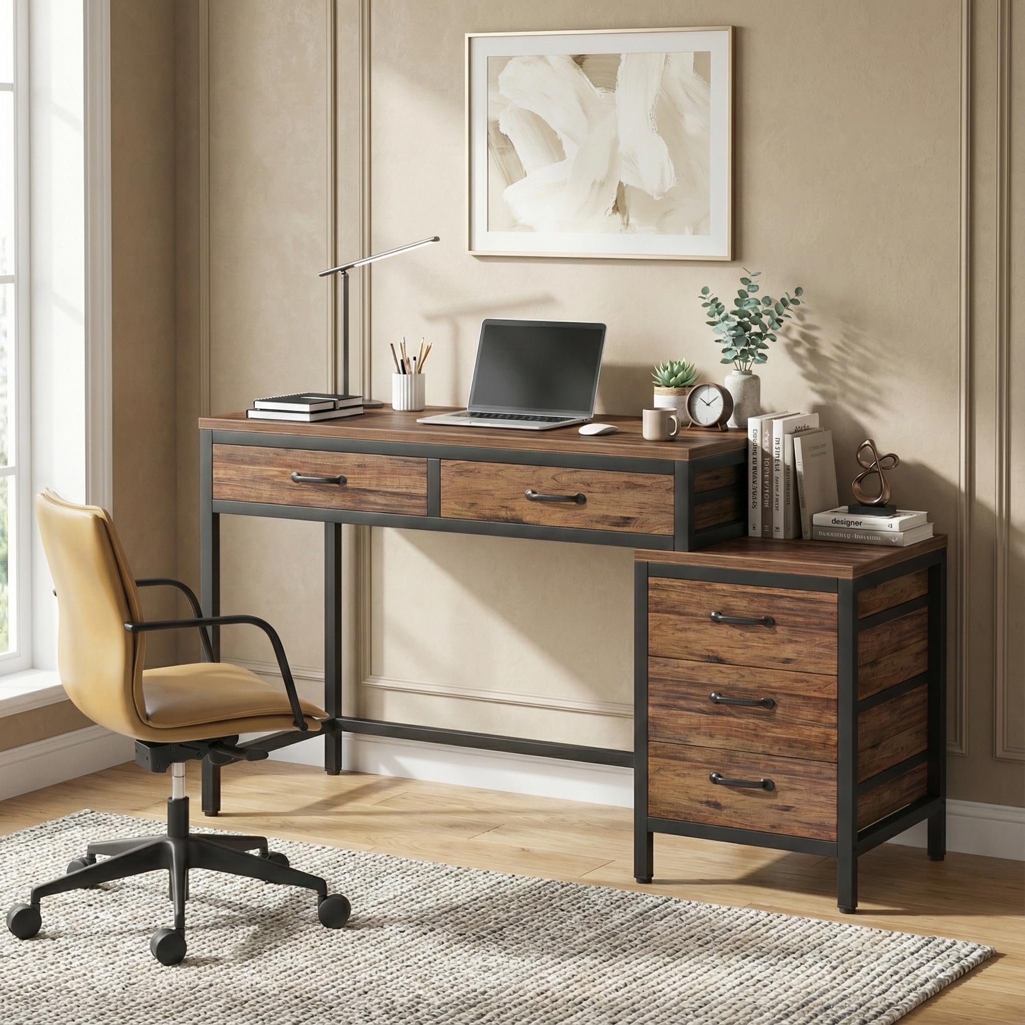 Lailang 130cm Scrivania Computer, Tavolo Con Cassetti, Scrittoio Vintage, Scrivania Per PC E Stampante, 130 x 45 x 82 cm, Marrone Rustico