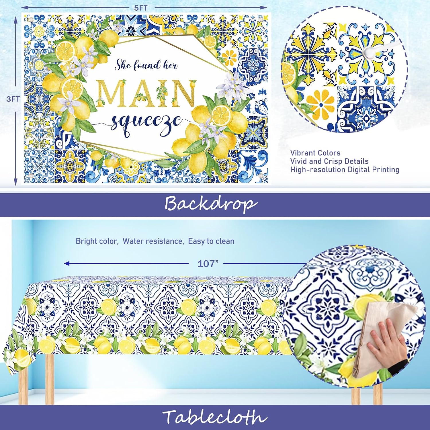 Costova She Found Her Main Squeeze Bridal Shower Decorations, Lemon Bachelorette Party Decorations, Blue Yellow Backdrop Balloon Banner Tablecloth Sash for Capri Lemon Bride To Be Engagement Supplies