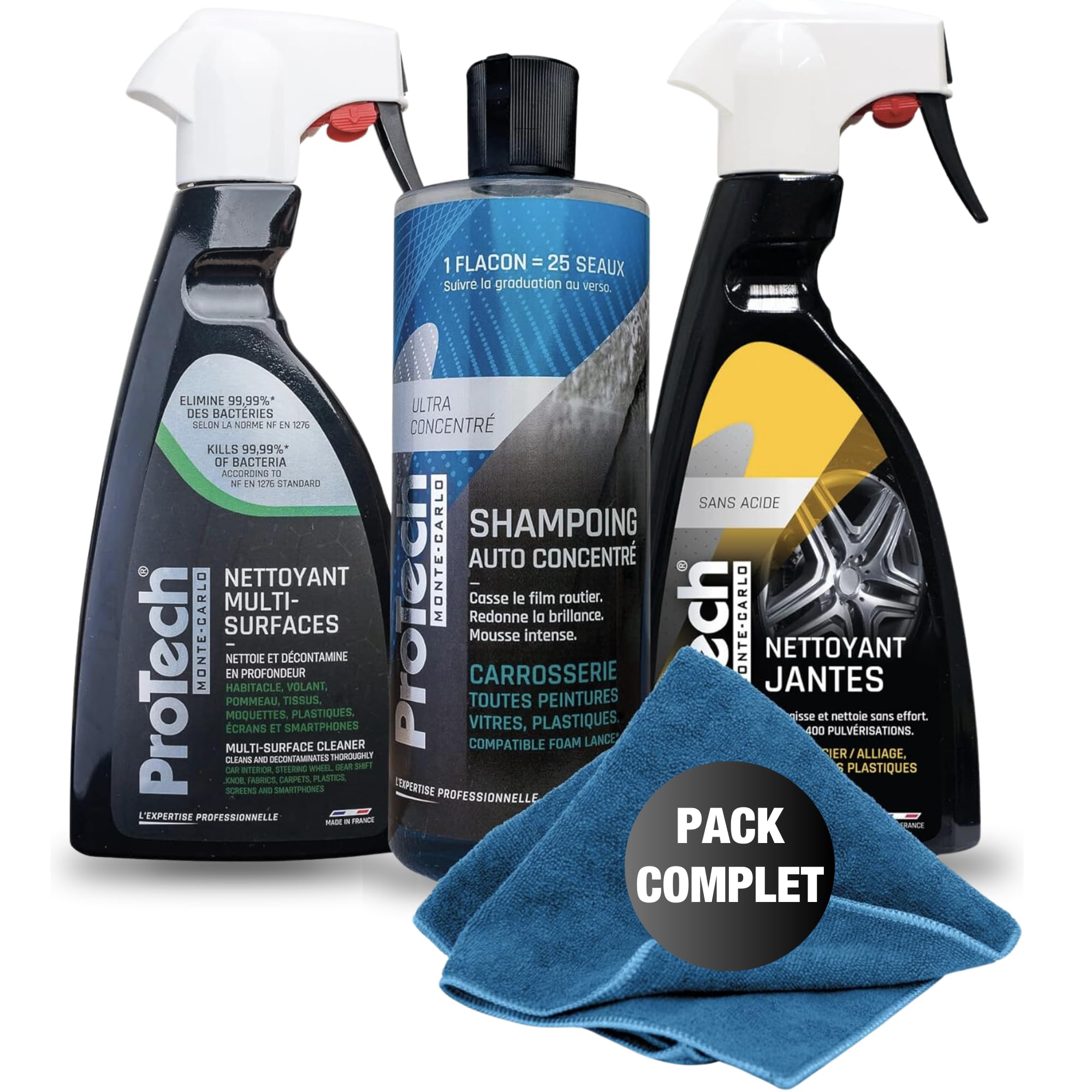 ProTechMC | Kit Nettoyant Voiture Interieur et Extérieur | Nettoyant Multi-Surfaces | Shampoing Carrosserie | Nettoyant Jantes | 3x500 ML | Inclut Microfibre 40x40 cm | Made in France