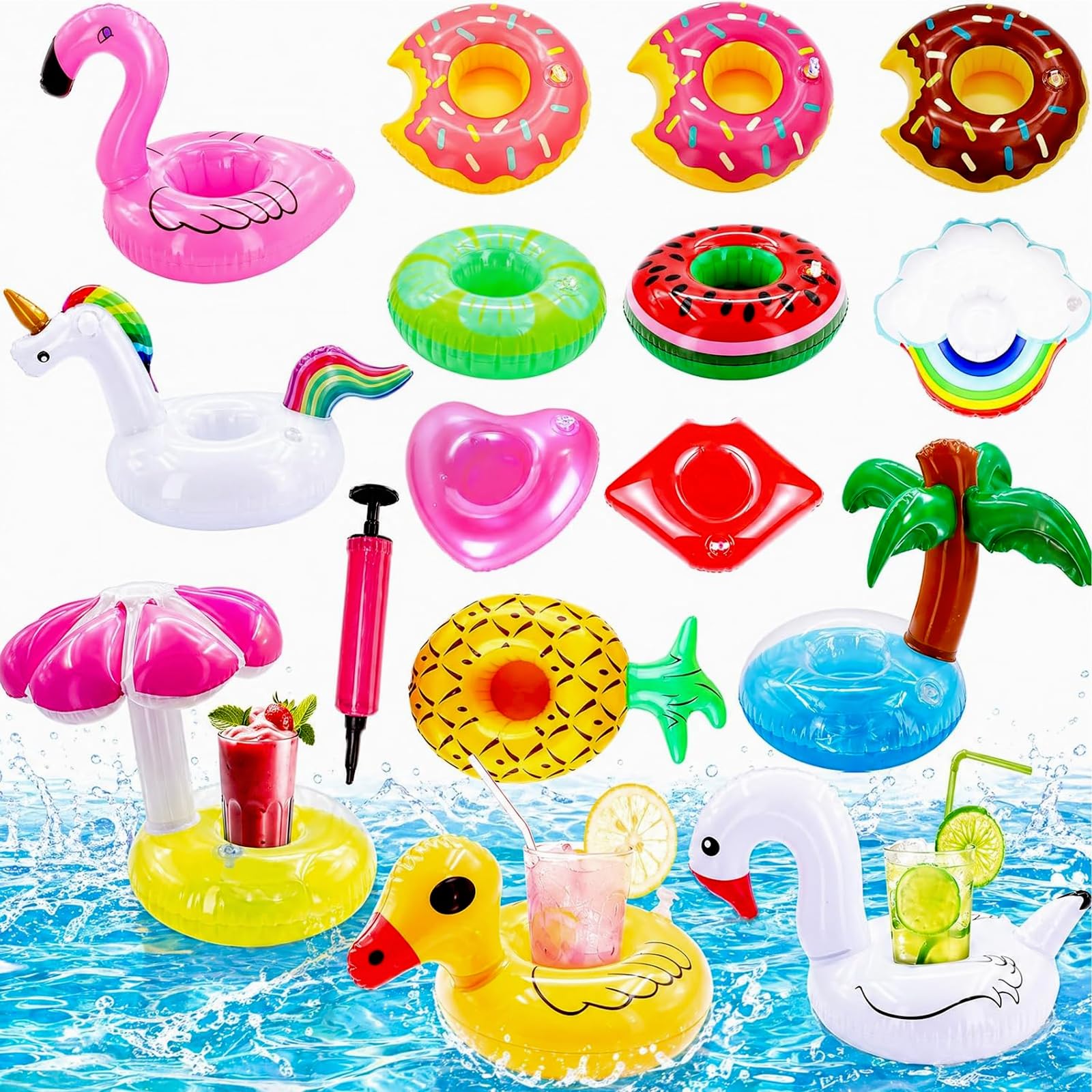Getränkehalter Pool, 15 Stück Getränkehalter Aufblasbare, Aufblasbar Schwimmender Flaschenhalter mit 1 Luftpumpe, Flamingo Palme Pool Party Deko, SchwimmendGetränkehalter für Sommer Beachparty Hawaii