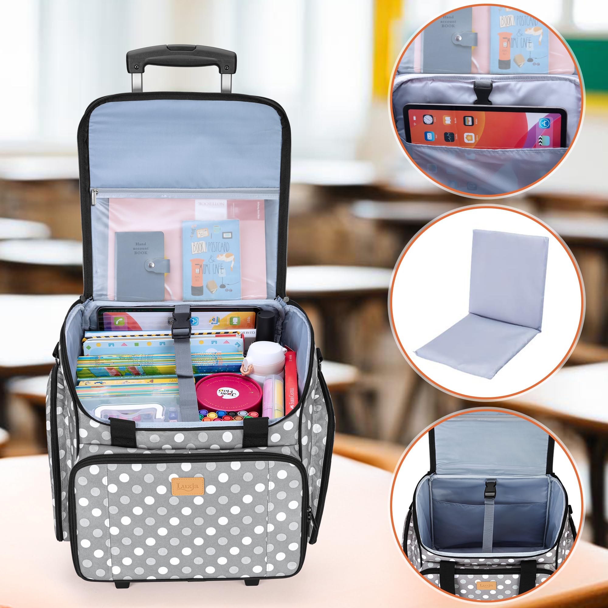 Luxja Sac à roulettes pour Professeur avec Plusieurs Poches et Coussin de Soutien Inférieur, Sac de Transport pour Enseignant avec Chariot Détachable (Brevet de Conception), Pois Gris