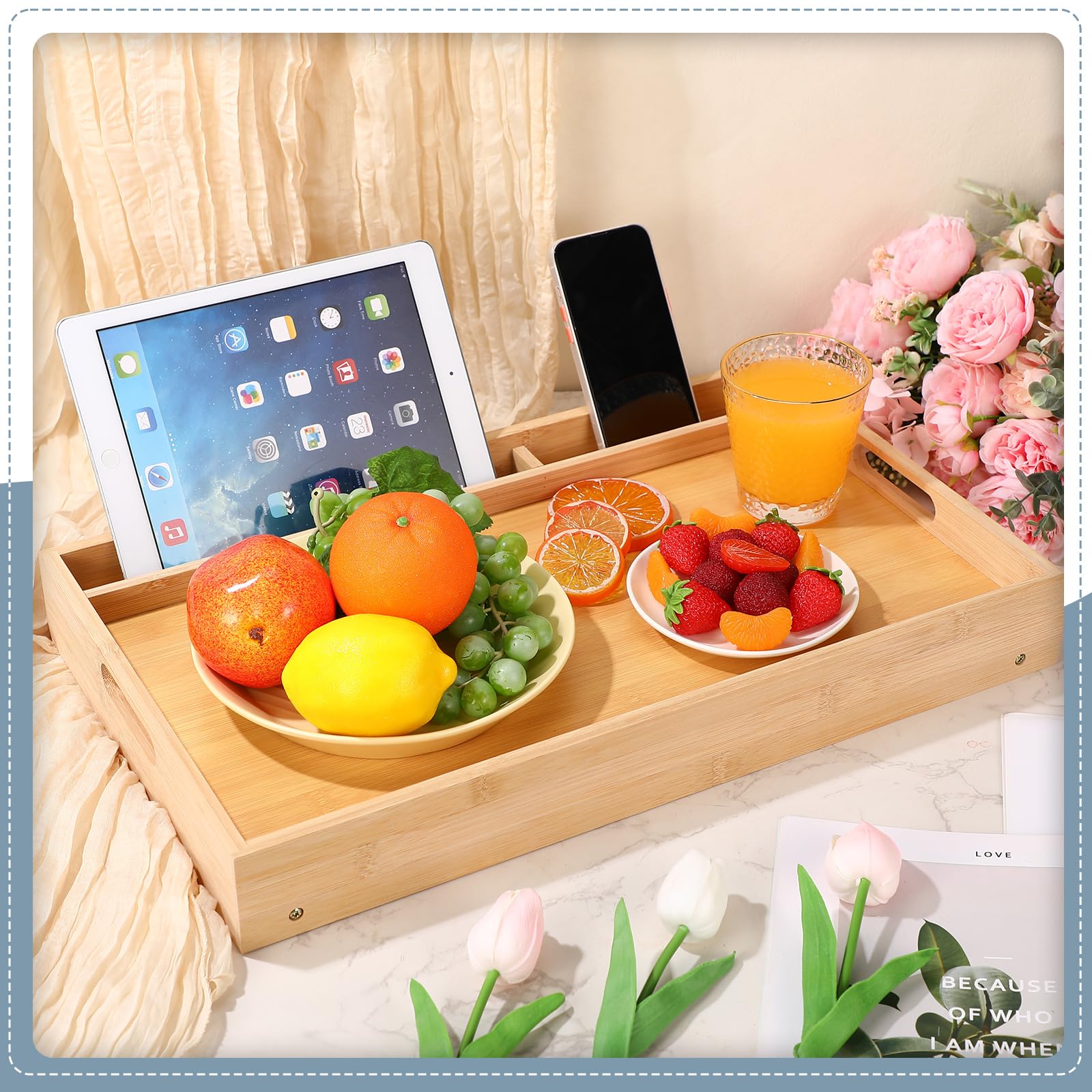 2 Pcs Large Bed Tray Table with Media Slot 19.7 Inch Bamboo Breakfast Food Tray with Handles