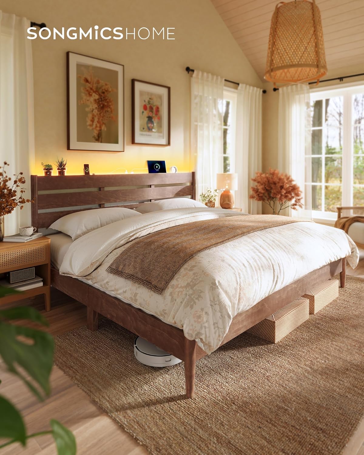 Exploded view of the bed frame showing solid wood legs and wooden slats.