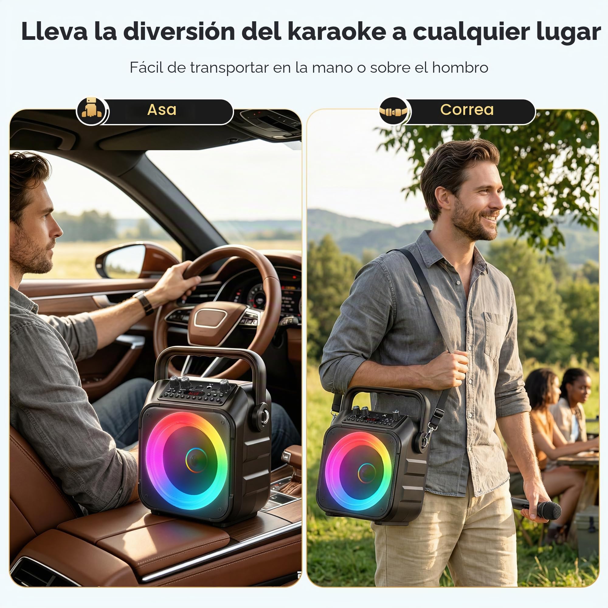 Máquina de Karaoke Singingmate con 2 micrófonos inalámbricos: Altavoz Bluetooth portátil, Multicolor, con conexión USB y AUX, para Adultos y niños, Fiestas y hogar