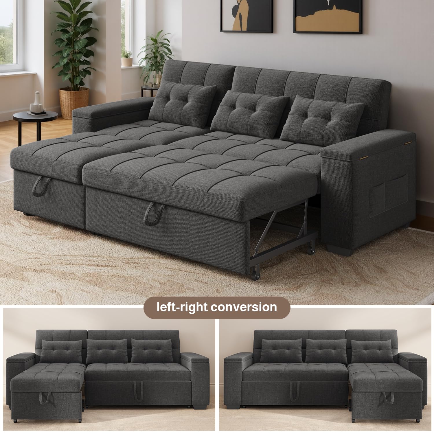 87" Convertible Sofa Bed, Pull Out Couch for Small Spaces, Dark Gray | Space-Saving Sleeper, Pull-Out Design, Adjustable Backrest, Wide Armrests with Storage, Plush Cushions for Small Spaces