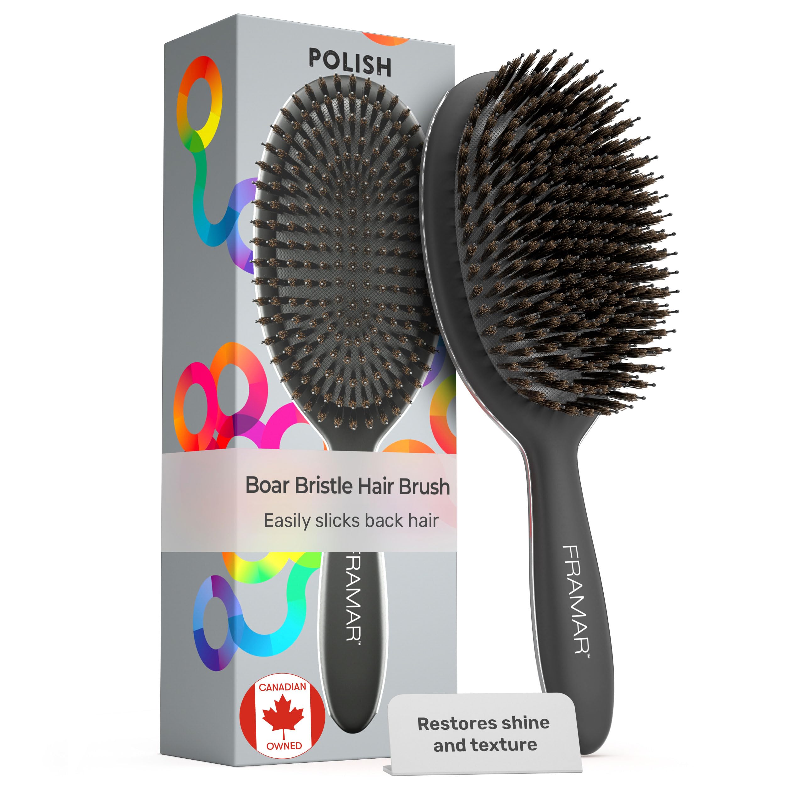 FRAMAR Black Boar Bristle Hair Brush - Natural Bristle Brush For Fine Hair, Boar Brush For Slicking Back Hair, Hair Brush For Women, Slick Back Hair Brush, Brosse a Cheveux, Brosse Poil De Sanglier