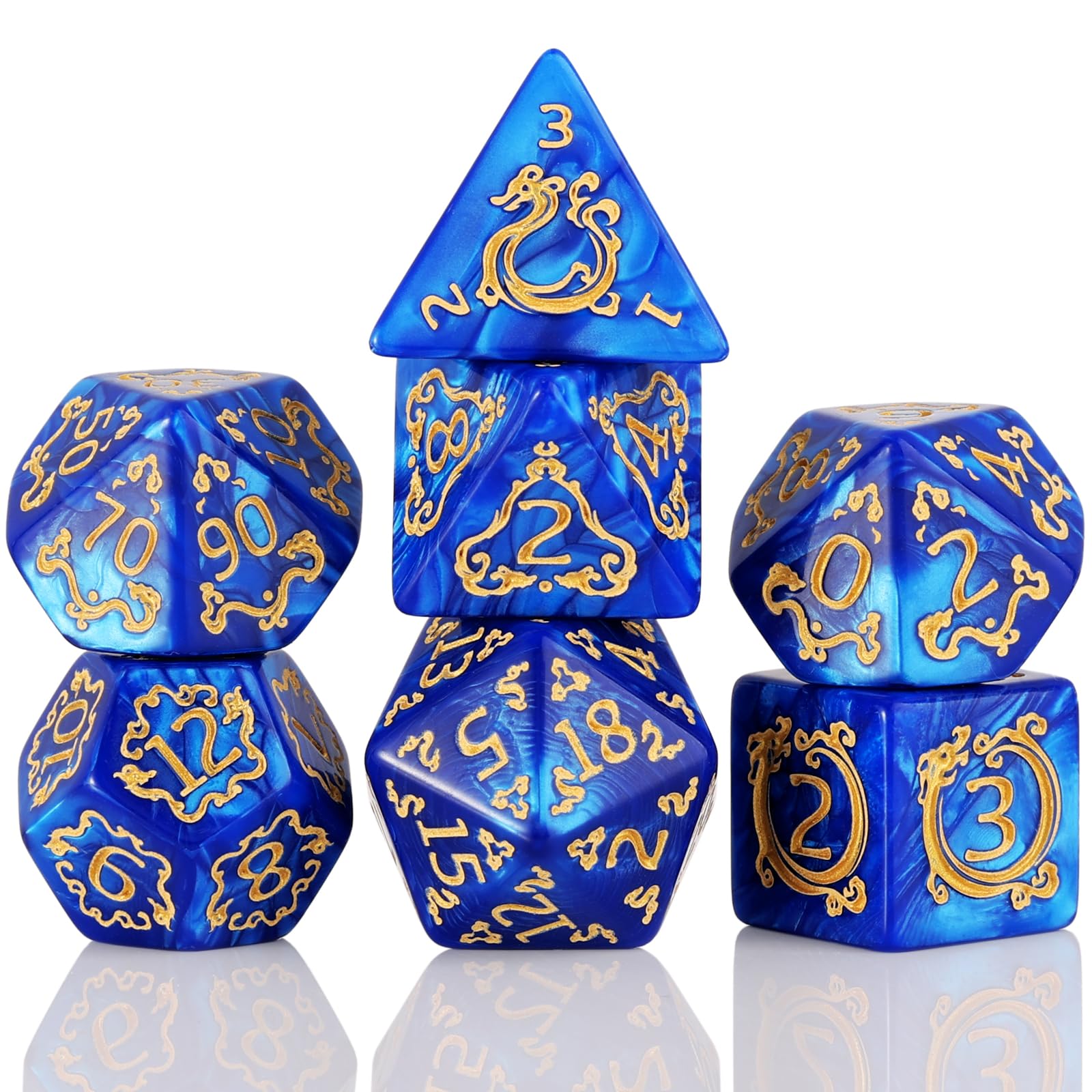 DND Dice Set - 7 Polyhedral Role Playing Dice with Gold Dragon Design, Acrylic D&D Dice Perfect for Dungeons and Dragons, Pathfinder, Warhammer, RPG Games (Blue)