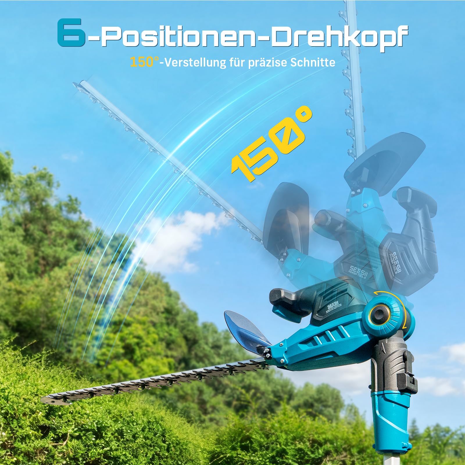 SEESII 2-in-1 Teleskop Heckenschere Akku: Elektrische Heckenschere mit 53 cm Doppelklinge, Teleskopstange bis 2,6 m, 18 mm Schnittstärke, 2 * 4,0 Ah Akkus, für Garten, Bäume und Sträucher CYCPHT05