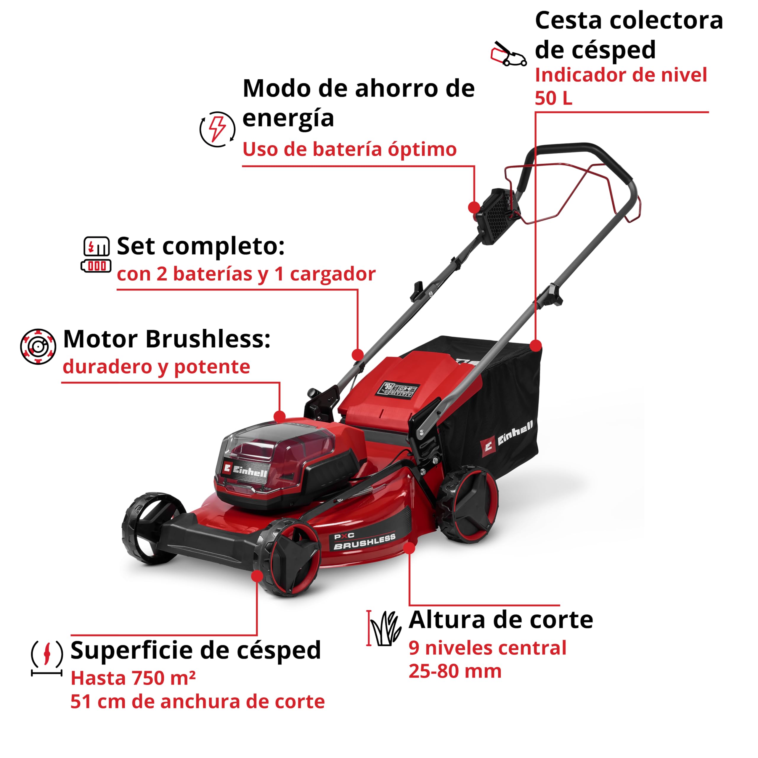 Einhell cortacésped con batería GC-CM 36/51 S Li BL (2x5,2Ah) Power X-Change (36 V, 51 cm de Ancho de Corte, hasta 750 m², Brushless, Cesta colectora 50 L, Incl. 2 baterías 5,2 Ah + Twincharger)
