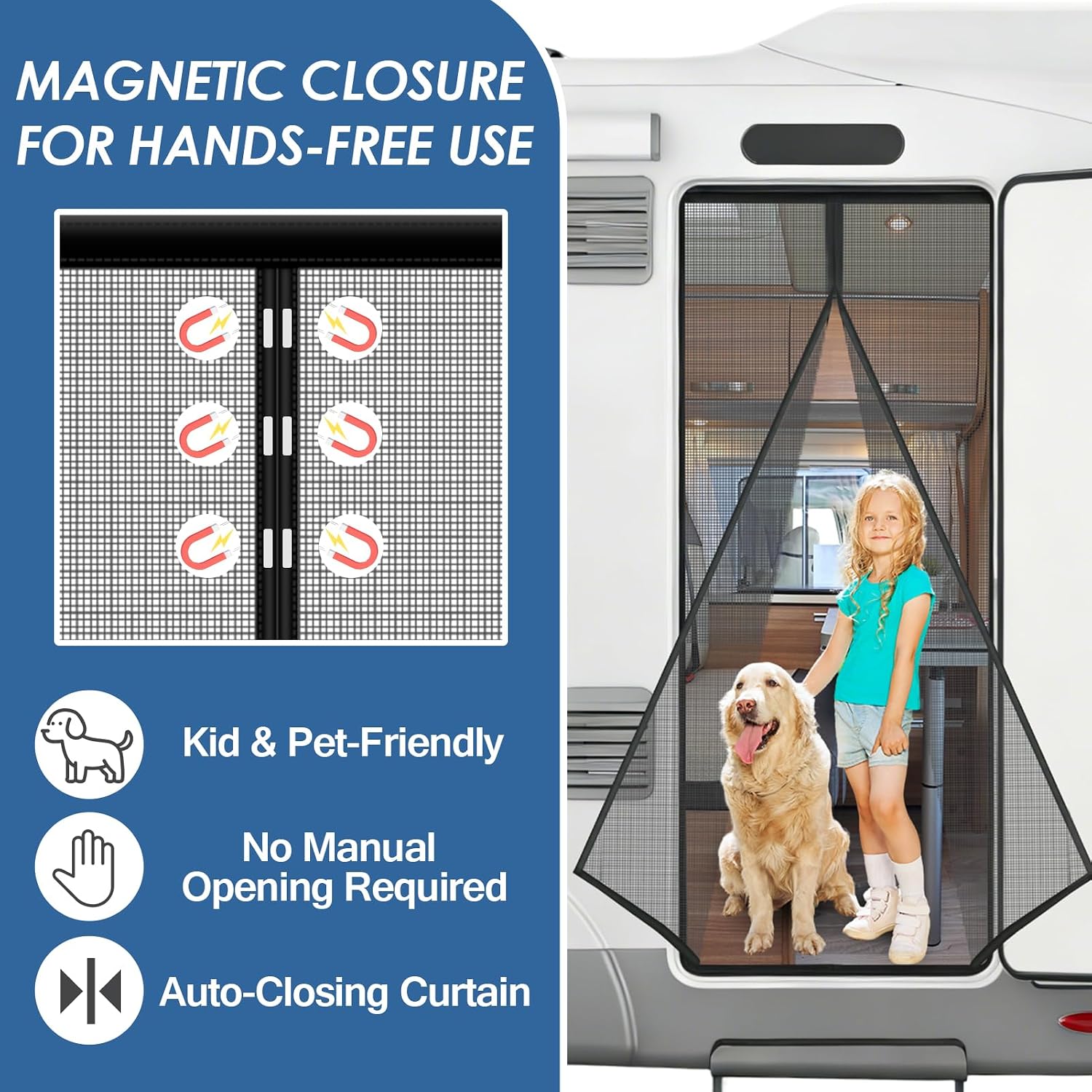RV Screen Door Curtain with Magnetic Closure, Magnetic RV Door Mosquito Net Screen for Campers, Trailers, Motorhomes, Doorway, Pet-Friendly & Easy Install Bug Screen