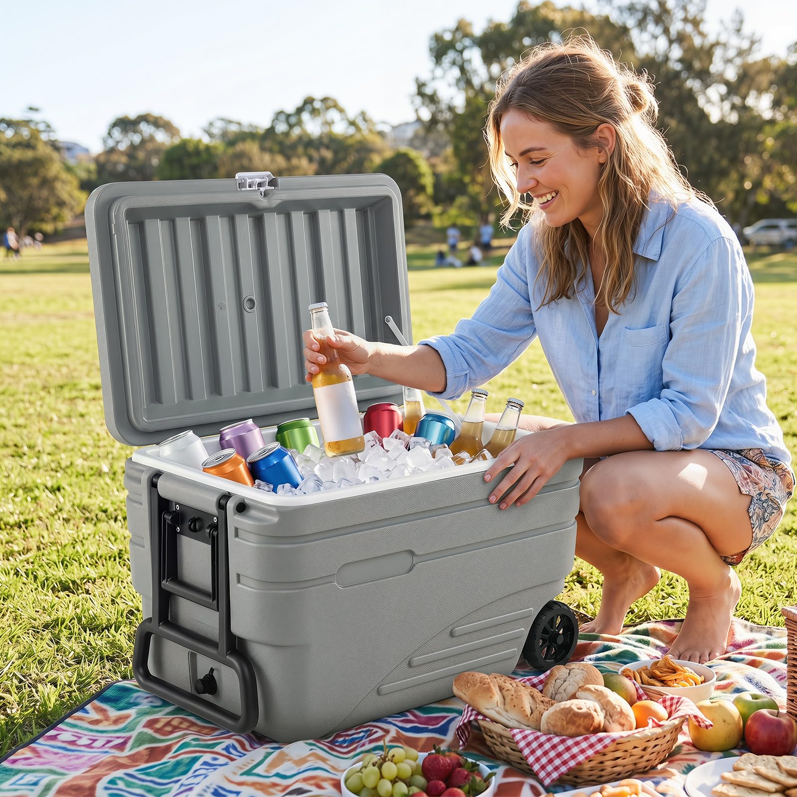 COSTWAY Nevera Portátil Rígida, Nevera Térmica de Gran Capacidad con Ruedas, Mango Plegable, 2 Asas Laterales, Hielera de Alto Rendimiento 5-7 Días para Camping Pesca Playa