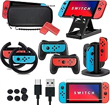 TALK WORKS Super Combo Pack Accessories for Nintendo Switch - 2 Grips, 2 Wheel Controller Grips, 2 Game Card Holders, 1 Charging Dock, Thumb Grips, USB-C Cable, Switch Stand, Screen Protector