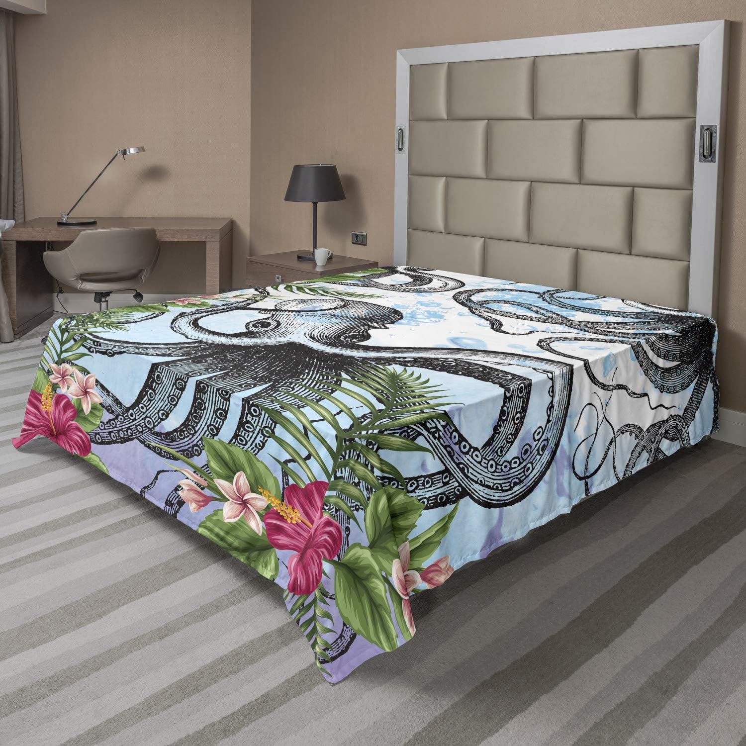 Ambesonne Exotic Flat Sheet, Outline Octopus with Tropical Leaves Hibiscus and Plumeria Flowers Illustration, Soft Comfortable Top Sheet Decorative Bedding 1 Piece, Queen Size, Multicolor Green