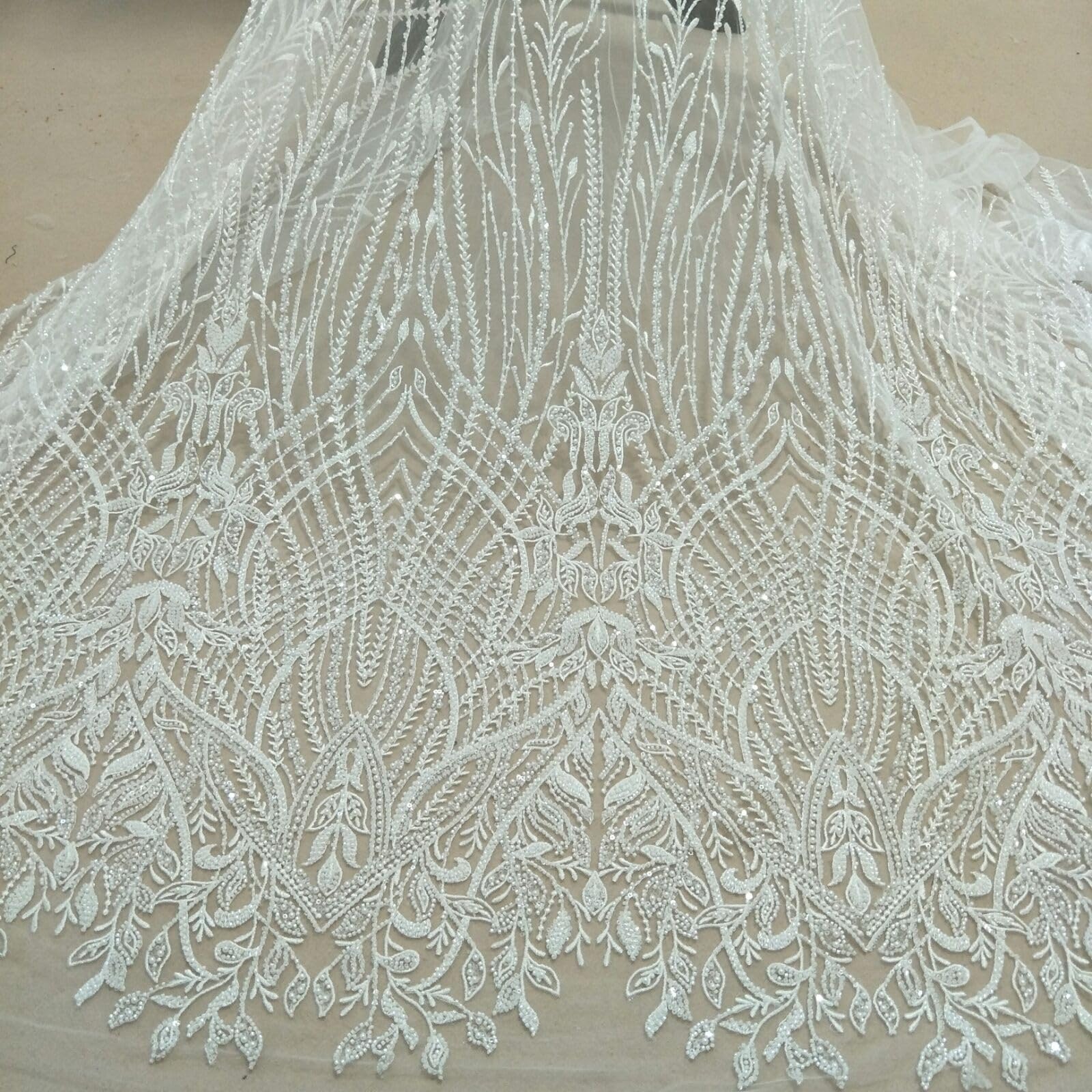 Heavy Beading Wedding Gown Dress Lace Fabric 130cm Width Ivory Beading Lace Sell By Yard Fabric for Sewing