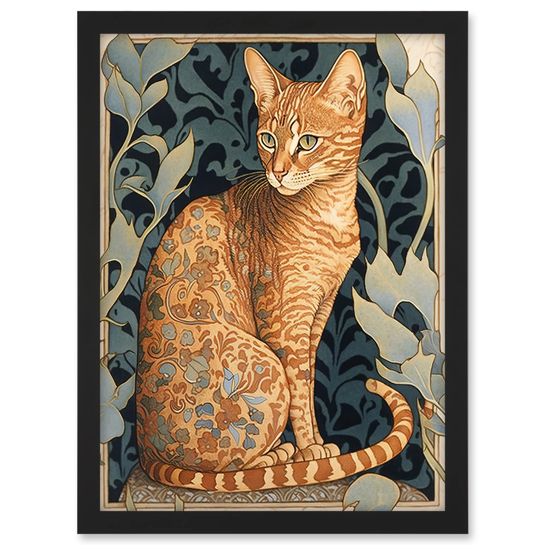 Artery8 Ocicat Cat with Flower Pattern Fur Coat Art Nouveau Watercolour Illustration Artwork Framed A3 Wall Art Print