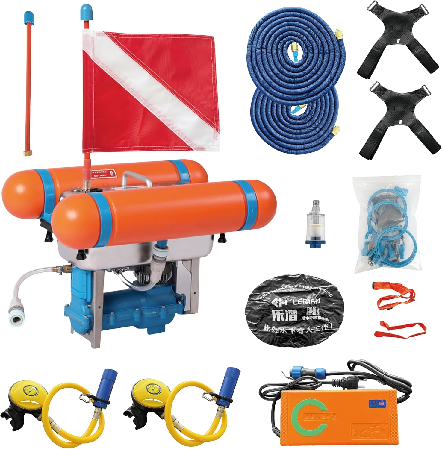 Portable Hookah Diving System, Scuba Diving Ventilator, Rechargeable Tankless Underwater Breathing Device with Hose & Regulator for Recreational Diving Fishing
