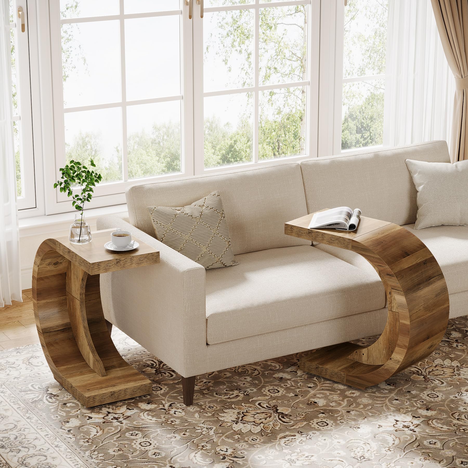 Tribesigns C-Shaped End Table Set of 2, Wood Side Table for Couch Sofa Living Room Bedroom Small Space, Rustic Brown