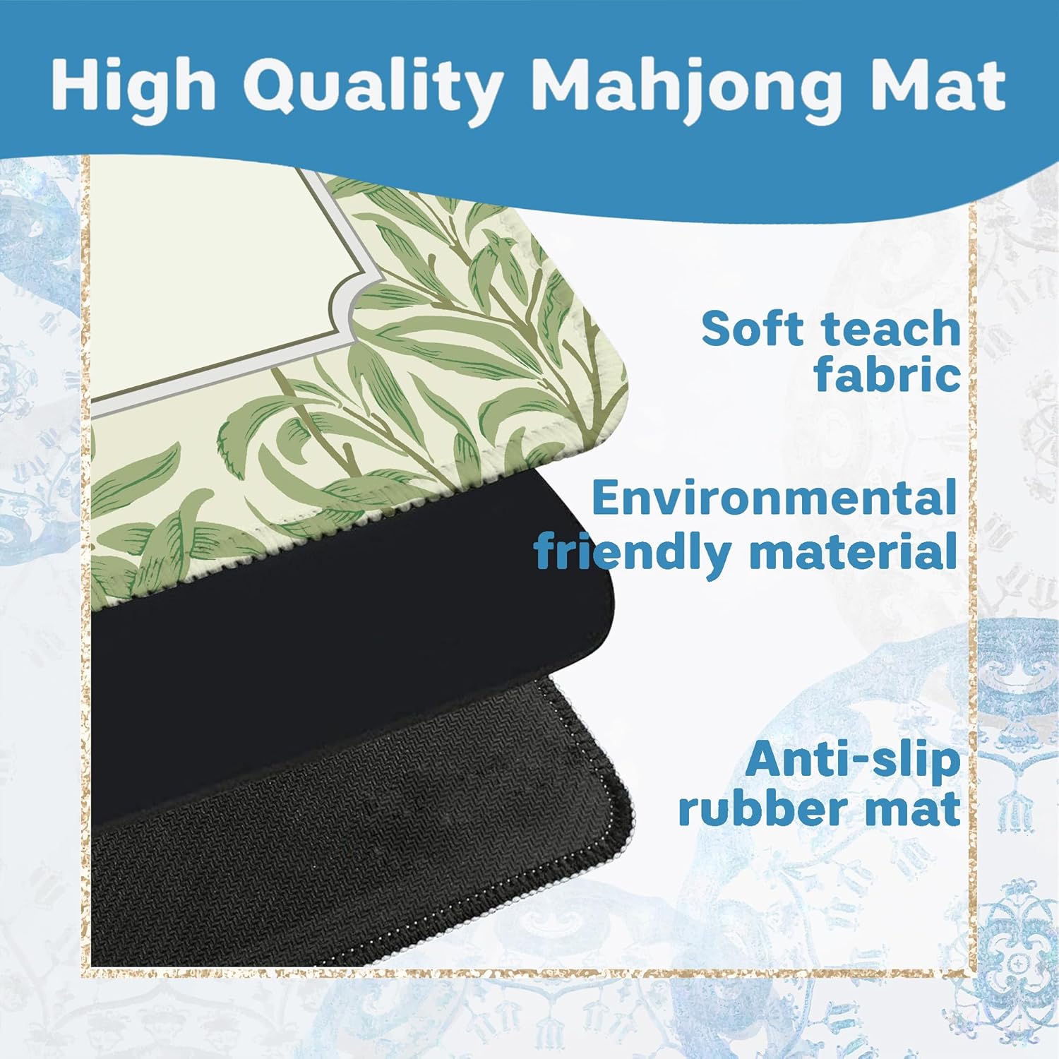 Green Leaf Mahjong Mat for Table 31.5 X 31.5 in, Gifts for Mahjong Players, Vintage Green Botanical Anti-Slip Table Cover Tablecloth for Poker Board Card Tile Game Dominoes