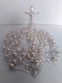 Wedding Lasso/Lazo para Boda/Rosario para Matrimonio/Lazo de Cristal Combinado con Perla Lazo Echo a Mano de Cadena y Cruz catolica Color Plata.