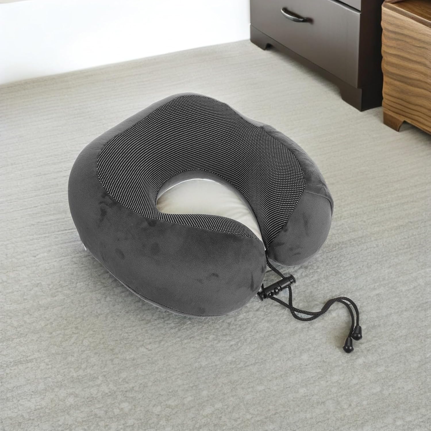 Amosfun U Shaped Memory Foam Neck Pillow for Travel and Airplane Comfort | Black Velour Cover, Ergonomic Curve Support, Lightweight and Skin Friendly
