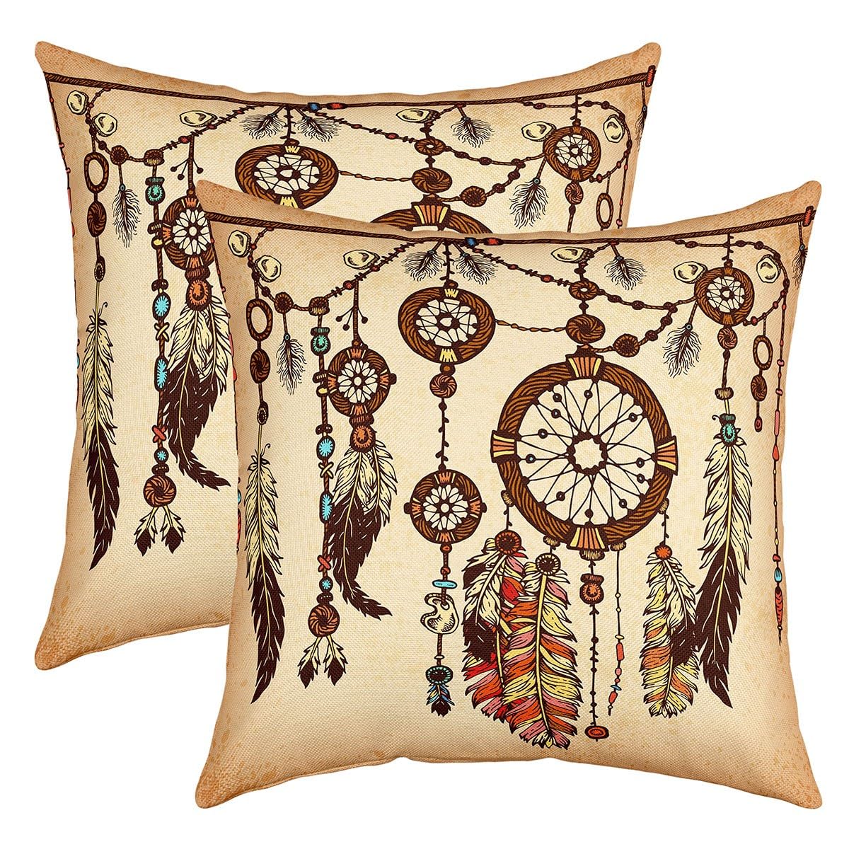 richhome Dream Catcher Pillow Covers,Vintage Tribal Feather Cushion Covers 24"x24" for Car RV Camper Office,Exotic Ethnic Country Pillowcases Pillow Covers Set of 2