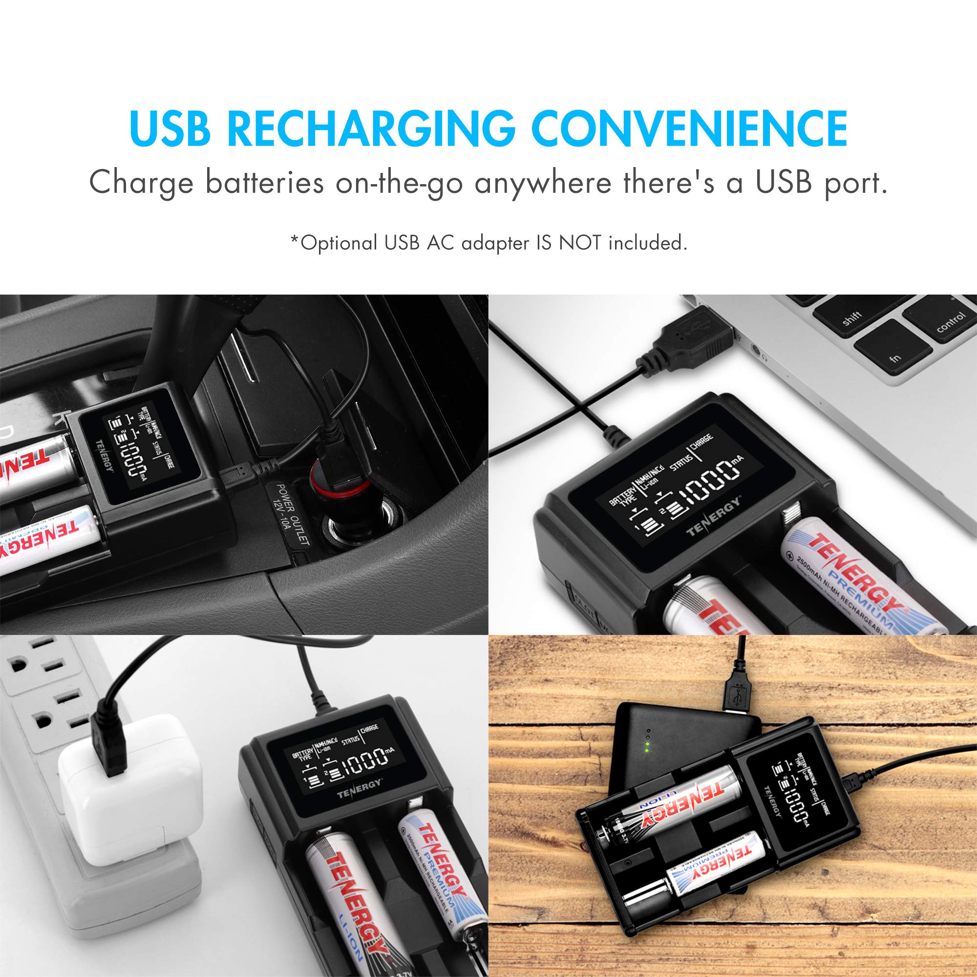 Tenergy TN471U 2-Bay Universal Battery Charger with LCD for Li-ionNiMHNiCD Rechargeable Batteries Micro USB Input Portable Charger for Batteries Sizes 18650 16340 26650 AA AAA and More product thumbnail 6