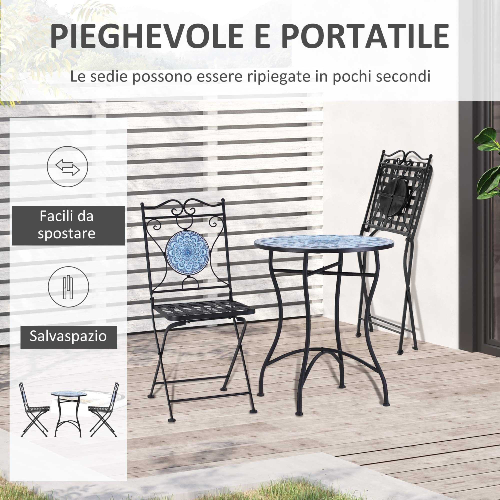 Outsunny Set da Giardino 3 Pezzi con Mosaico, Tavolino da Esterno Rotondo con 2 Sedie Pieghevoli in Metallo, Blu