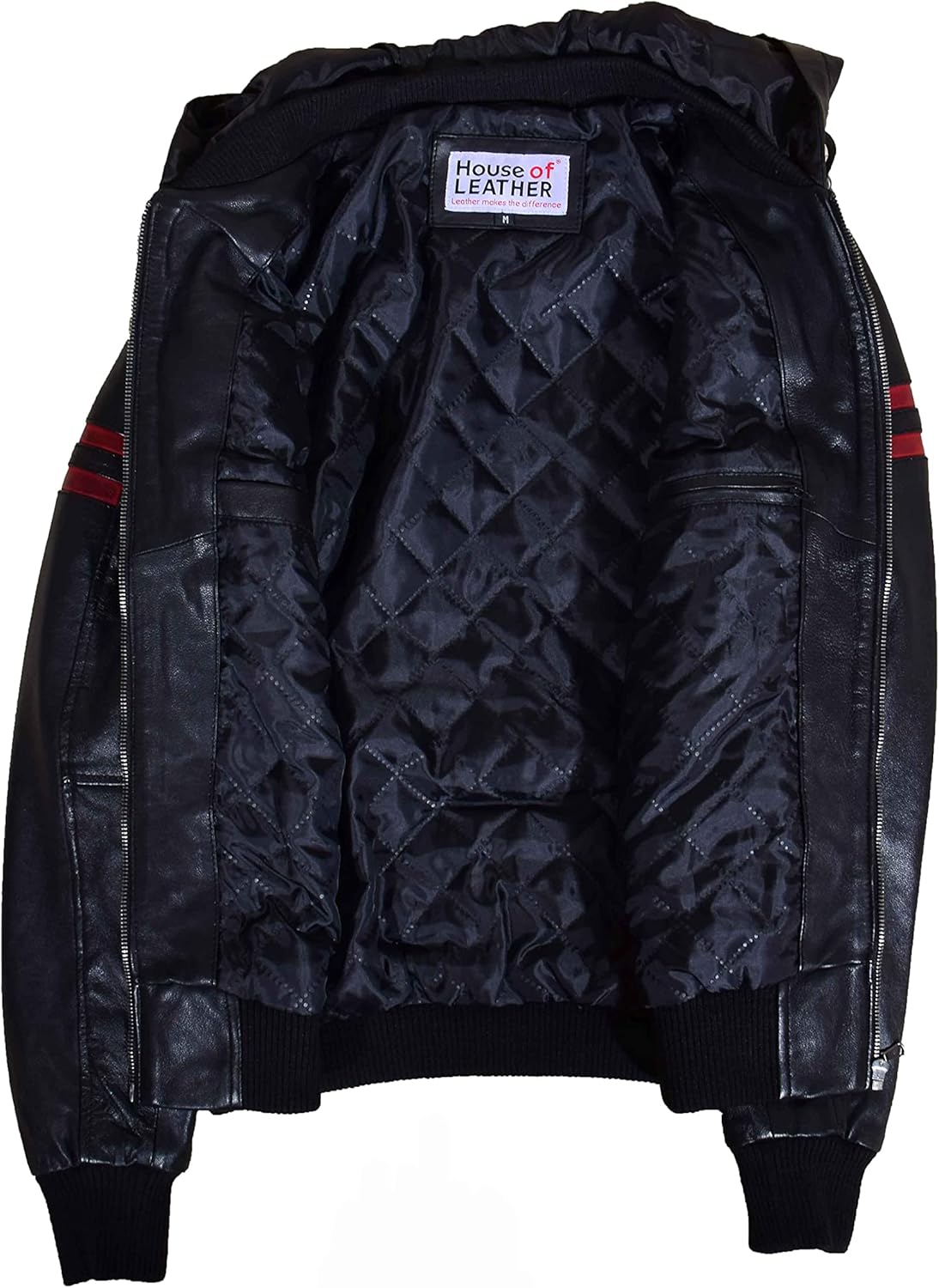 Mens Real Leather Bomber Zip Quilted Jacket Hooded Style RAMMY Black Size S M L XL XXL XXXL, Black, XL, Black, X-Large