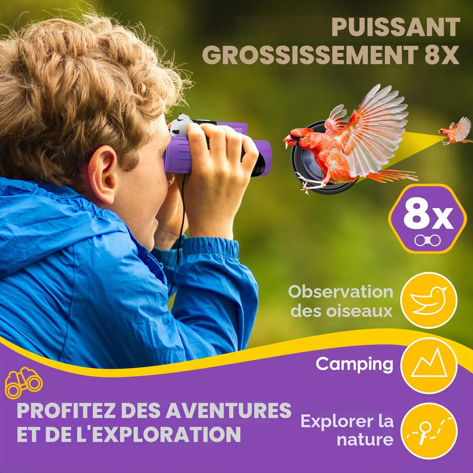Jumelles pour Enfants 8x21 Haute résolution avec loupe et Boussole sifflet, Jumelles pour Enfants de 3 à 12 Ans, garçons et Filles en Plein air, Voyage, Exploration de la Nature (Violet)