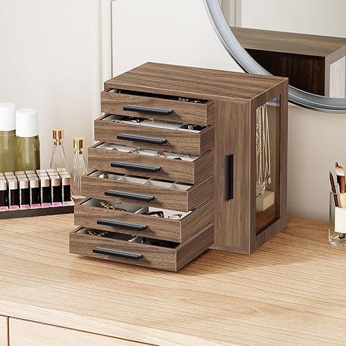 Miniatura 3 de HOOBRO Joyero para mujer, caja organizadora de joyas, caja de joyería de madera de 6 niveles, joyero con ventana lateral transparente, regalo