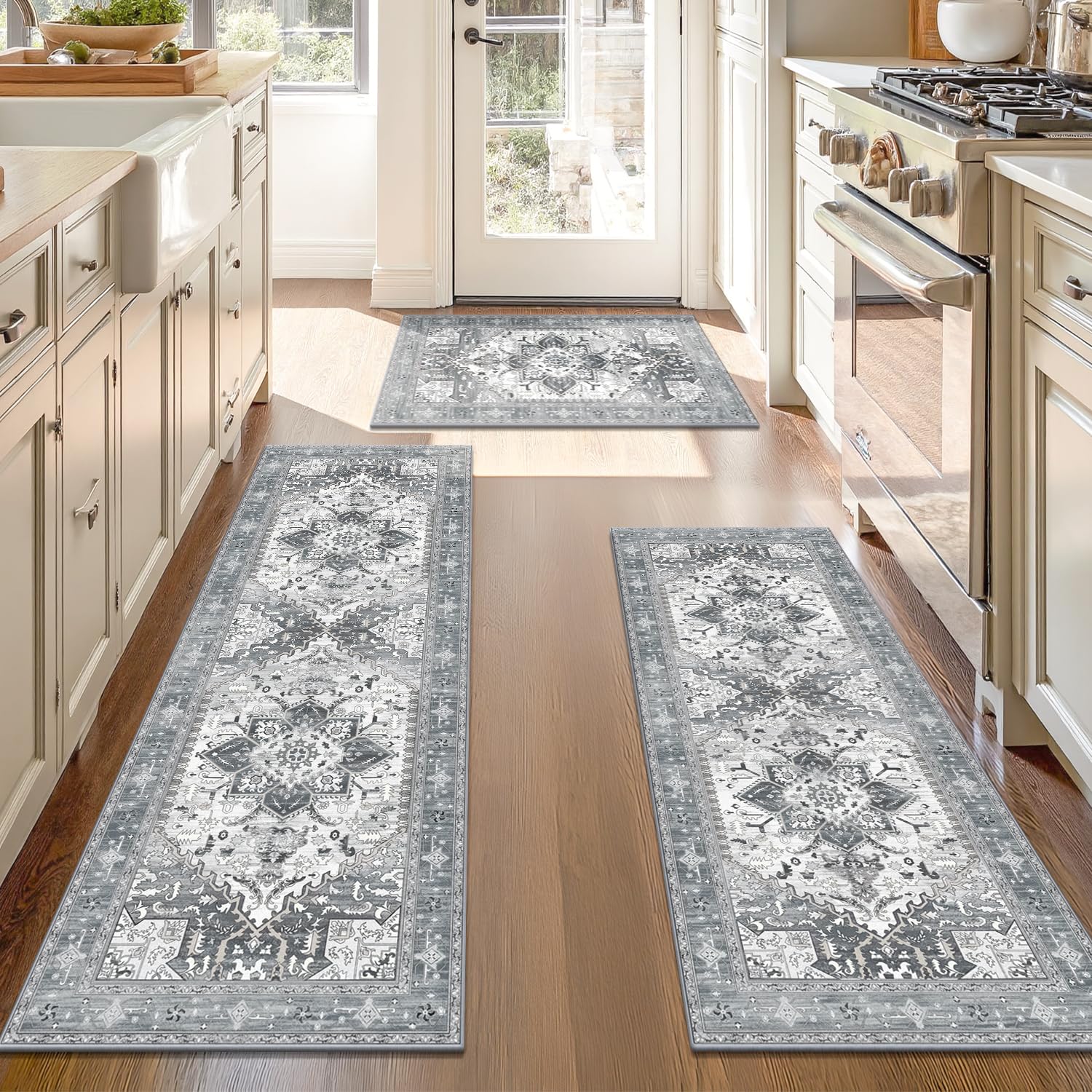 Yamaziot Boho Washable Kitchen Rugs Sets of 3, Non Slip Kitchen Mats for Floor with Rubber Backing, Waterproof & Stain Resistant Thick Carpet Runner