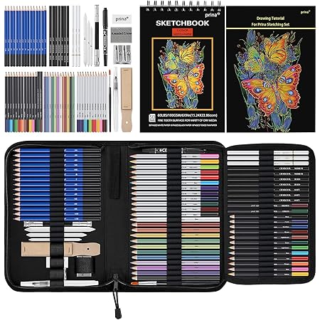 Prina 76 Pack Drawing Set Sketching Kit, Pro Art Sketch Supplies with 3-Color Sketchbook, Include Tutorial, Colored, Graphite, Charcoal, Watercolor & Metallic Pencil, for Artists Adults Teens Beginner