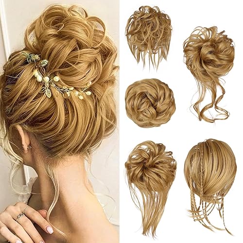 Miniatura 26 de 5 piezas de moños de pelo desordenados con banda elástica de goma para mujeres, extensiones de cola de caballo con gomillas, piezas de cabello