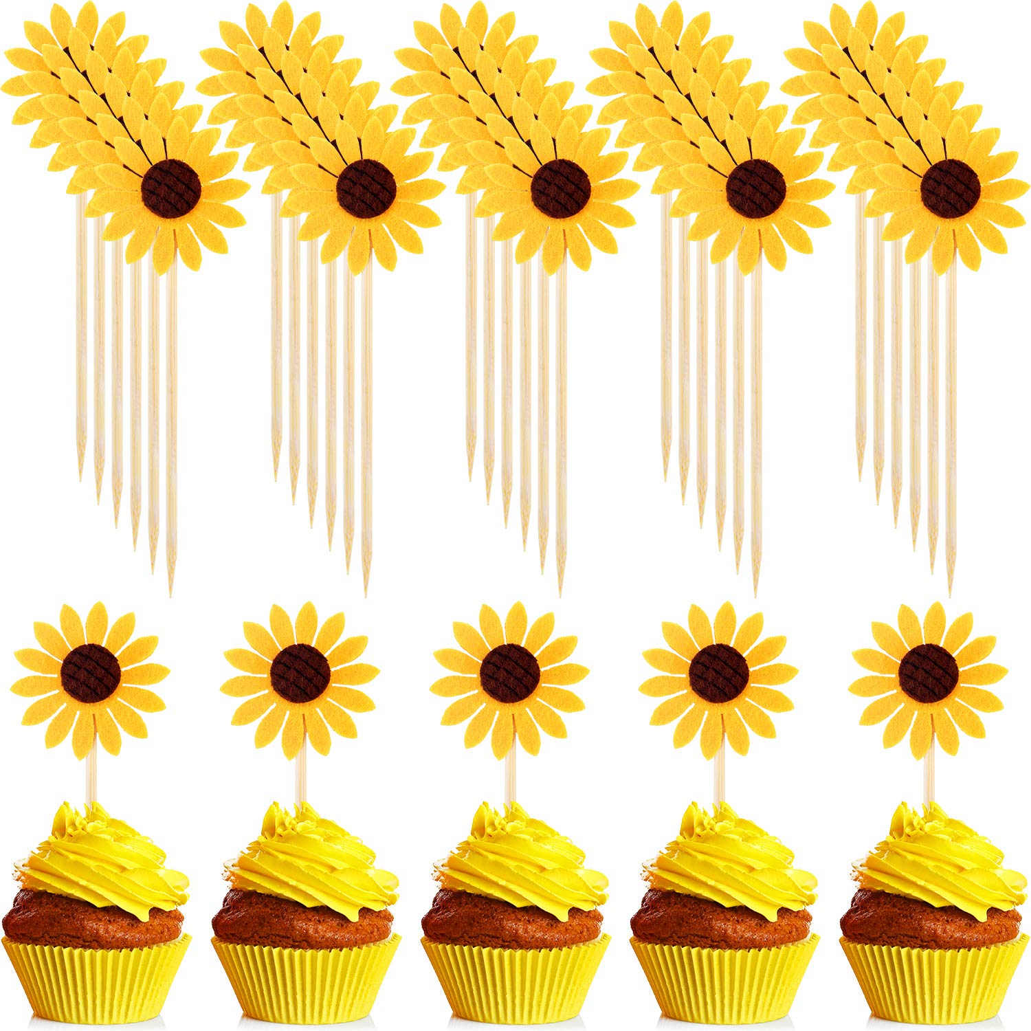 60 Pieces Sunflower Cupcake Toppers Yellow Flower Cake Picks Sunflower Toothpicks Summer Food Picks for Baby Shower Wedding Party Supplies Kids Birthday Cake Decorations