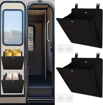 PUGPIU Wall Mounted Camper RV Shoe Rack Hanging Organizer Storage Foldable | Self-Adhesive Rv Shoe Holder - Space Saving for Camper Essential Home Travel with Deep Pocket Fit 1 Pair Shoes Black, 2 Pack