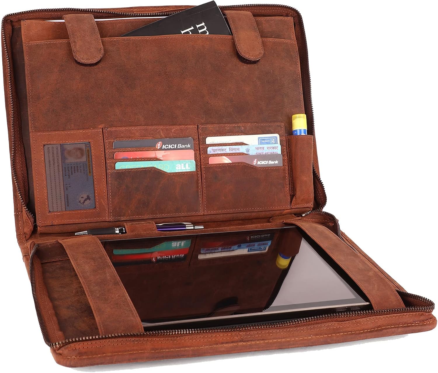 Supreme Business Portfolio by Rustic Town | Professional Organizer Gift for Men & Women | Durable Leather Padfolio | Easy to Carry with A Zippered Closure | Many Slots, Compartments & Holders (Brown)