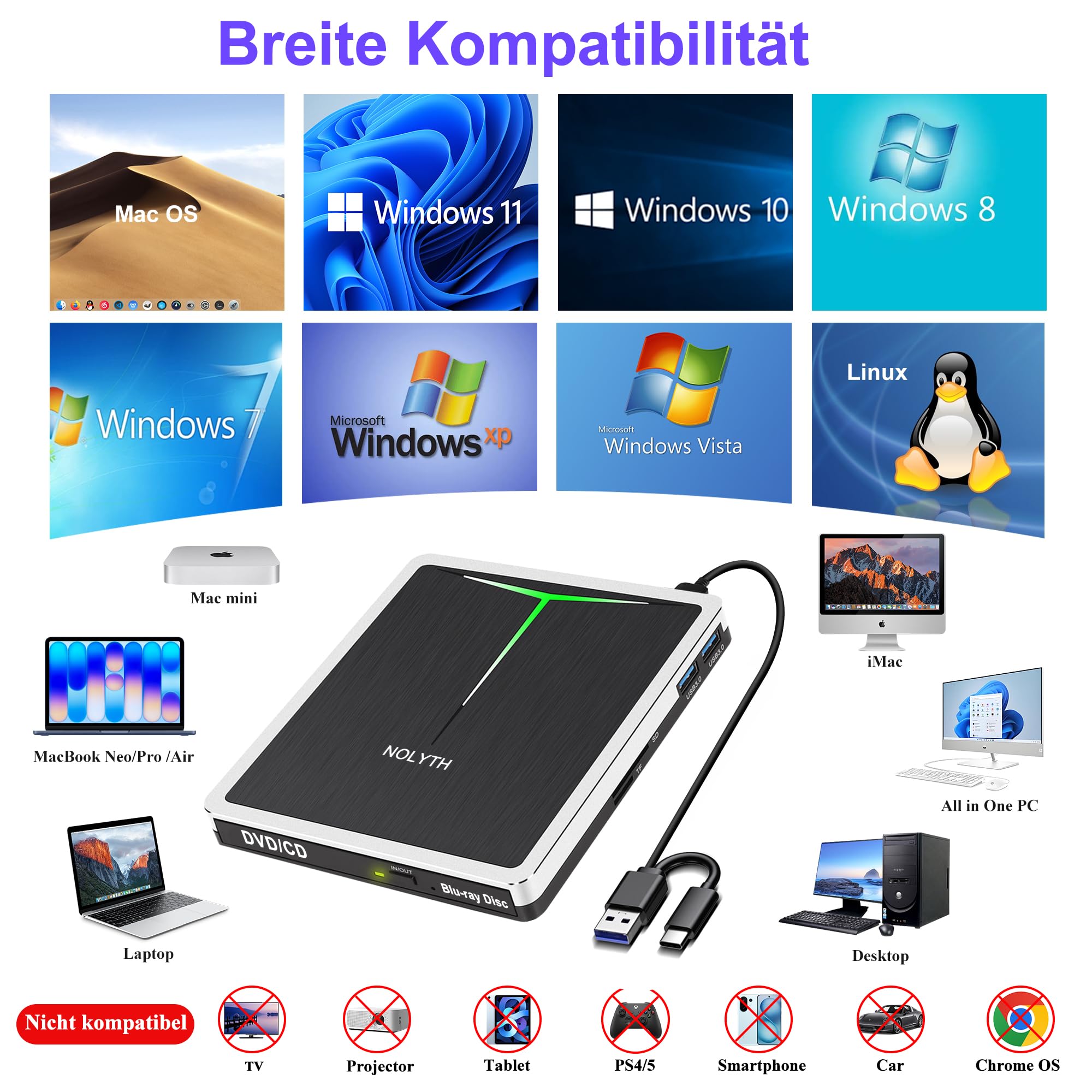 Harici Blu Ray Sürücü, Taşınabilir USB 3.0 USB Tip C Bluray CD RW