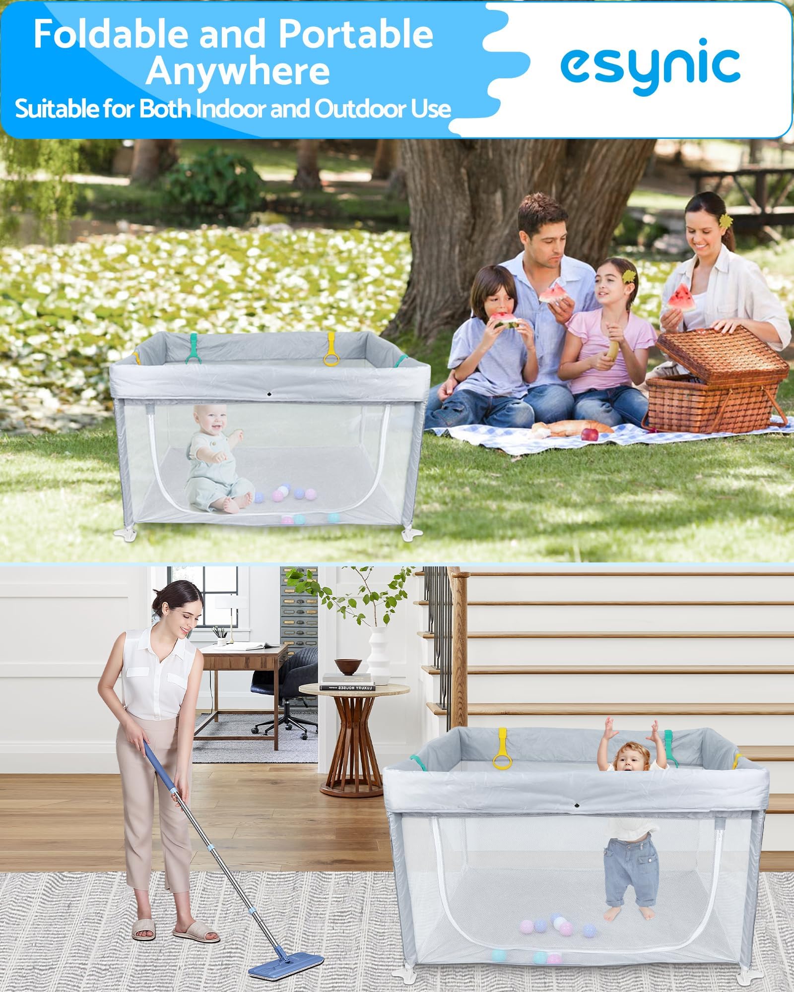 eSynic Corralito Bebé Portátil 120x120cm, Parque Infantil Plegable con 10 Bolas, Malla Transpirable, 4 Agarraderas y Bolsa Transporte - Juegos Seguros para Bebés