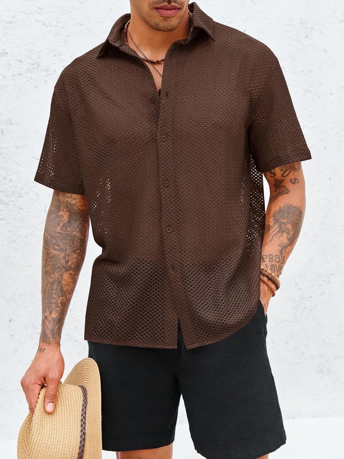 Runcati Mens Button Down Shirt Knit Crochet Hollow Out Short Sleeve Sweater Casual Summer Tops - Image 2