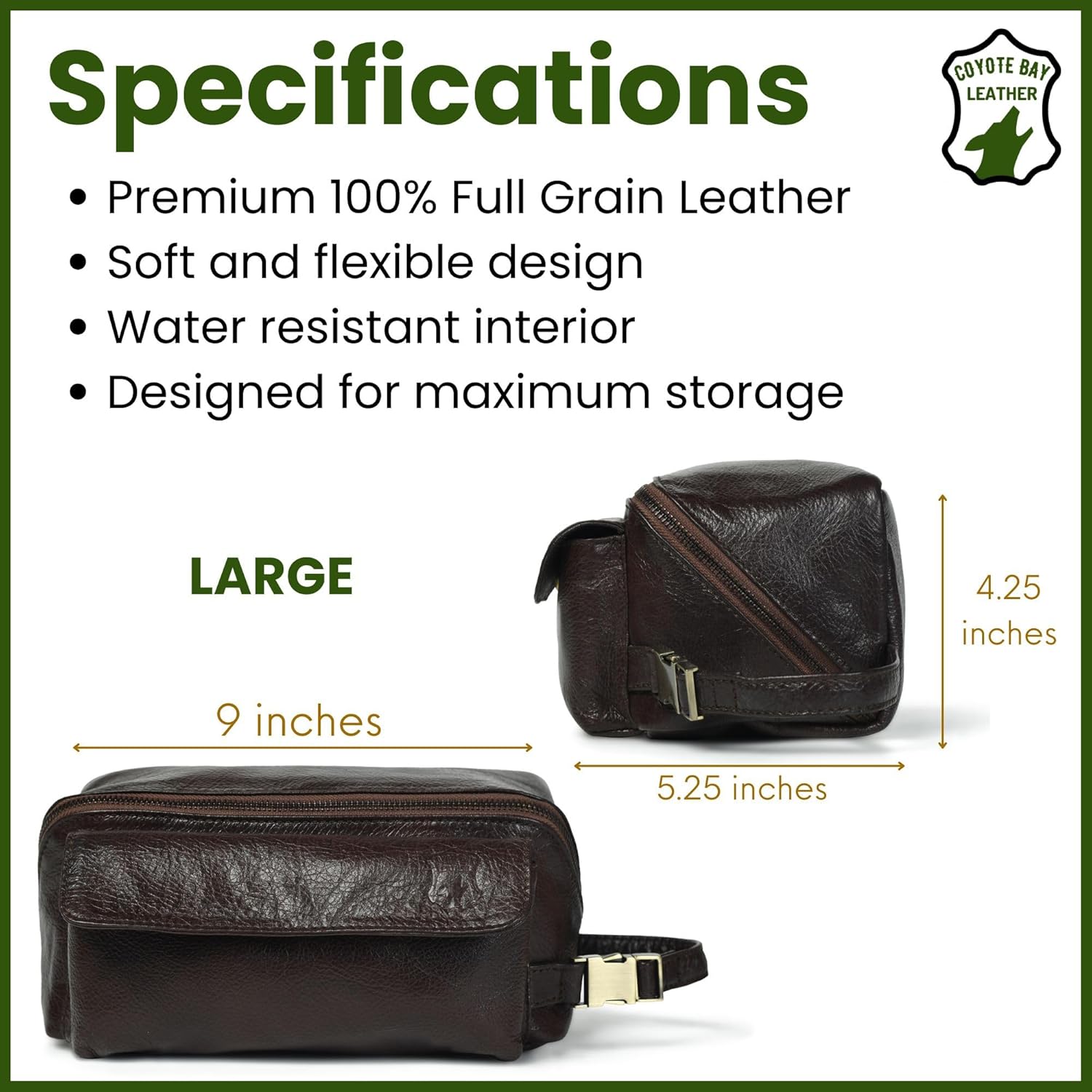 Coyote Bay® Flypouch Premium Full Grain Soft Leather Toiletry Bag, Large 9 Inch, Makeup Bag, Travel Organizer Pouch, Shaving Kit, Cosmetics Toiletry Bathroom Organizer (Brown, Large)