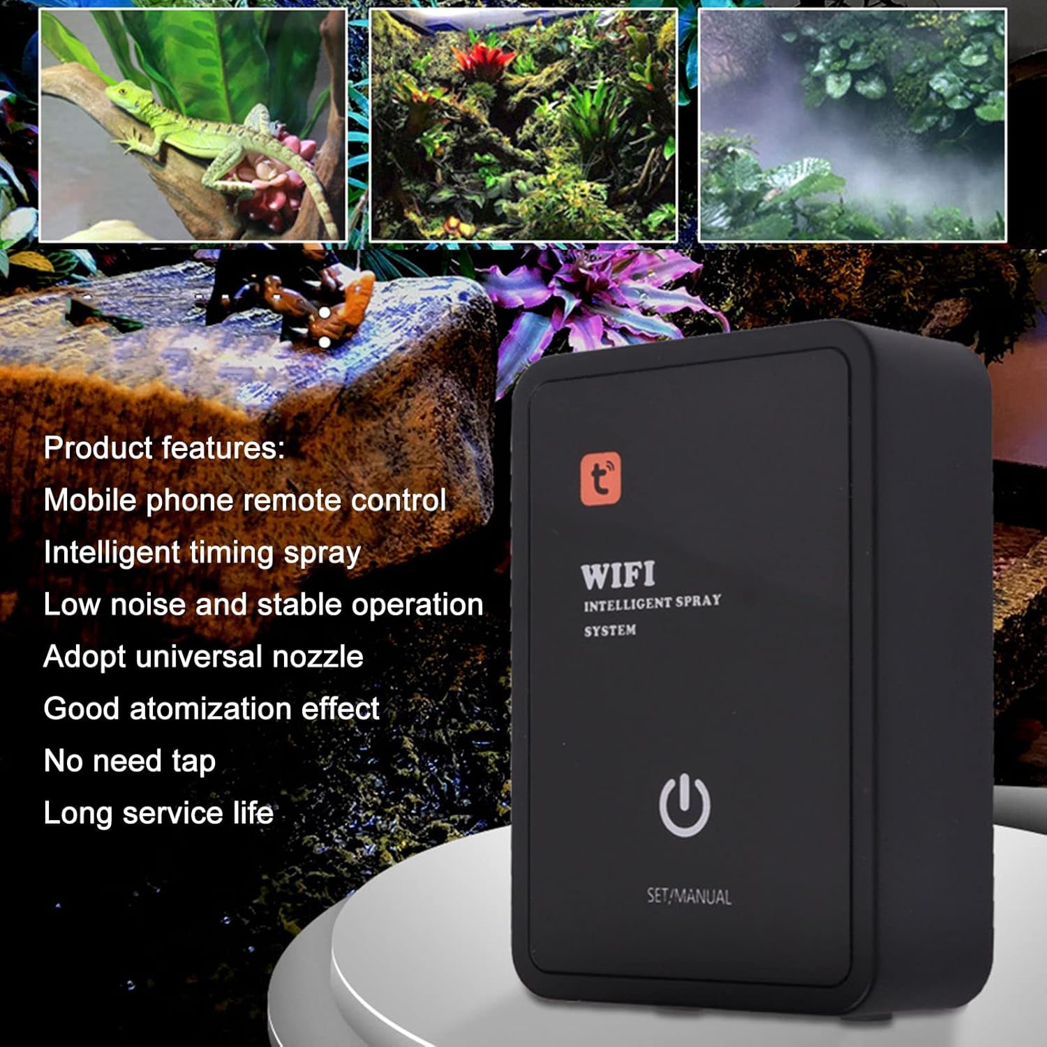 Reptile Mist System, Acrylic EVA Cushion Foot Pad Remote Control Intelligent Timing Spray Reptile Humidifier (US Plug)