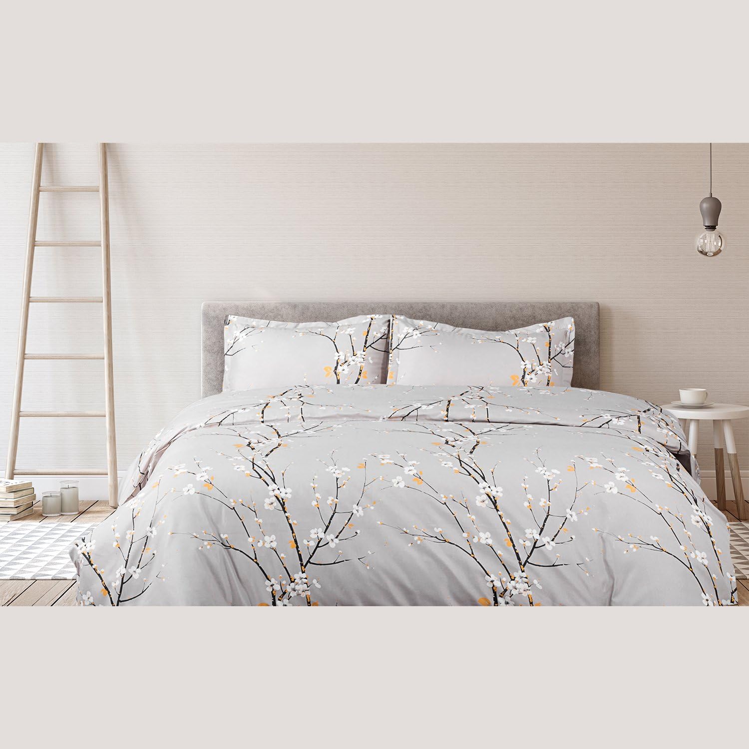 Bedsure Duvet Cover Set King Light Grey Plum Blossom Pattern Comforter Cover 3 Pieces(104x90 inches) Soft Microfiber